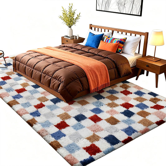 Checkered Plush Shaggy Rug Thickened Non Slip Carpet for Living Room Bedroom-Multicolour