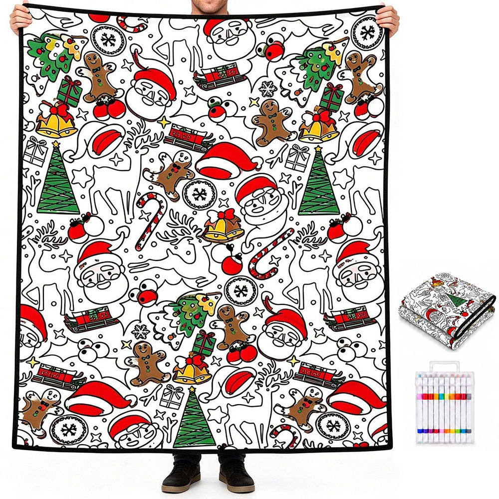 Adult DIY Christmas Coloring Blanket Black and White Line Art-Style 1