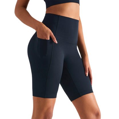 Women High Waist Biker Yoga Shorts with Pockets-Black