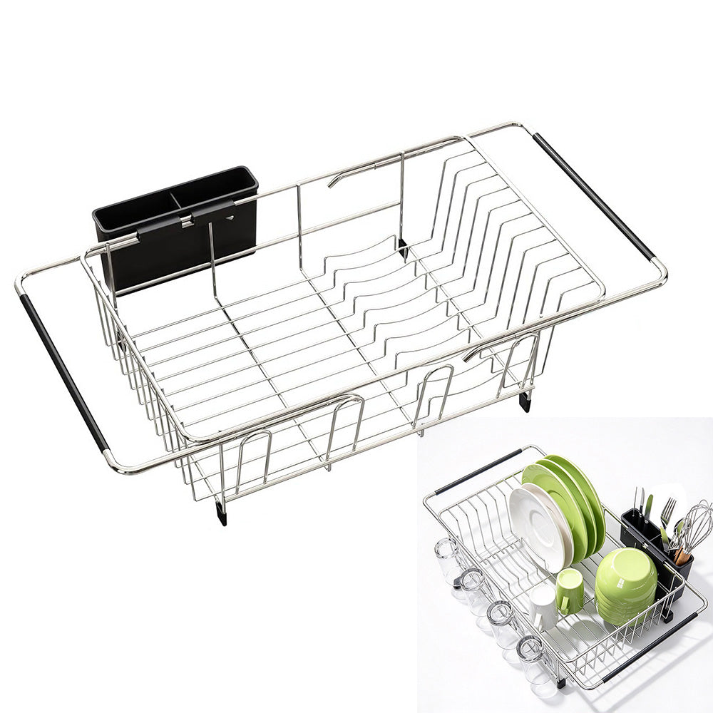 Expandable Stainless Steel Over Sink Dish Drying Rack with Utensil Holder