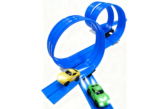 Flexible Race Car Track with Base and 360-Degree Rotating Cars