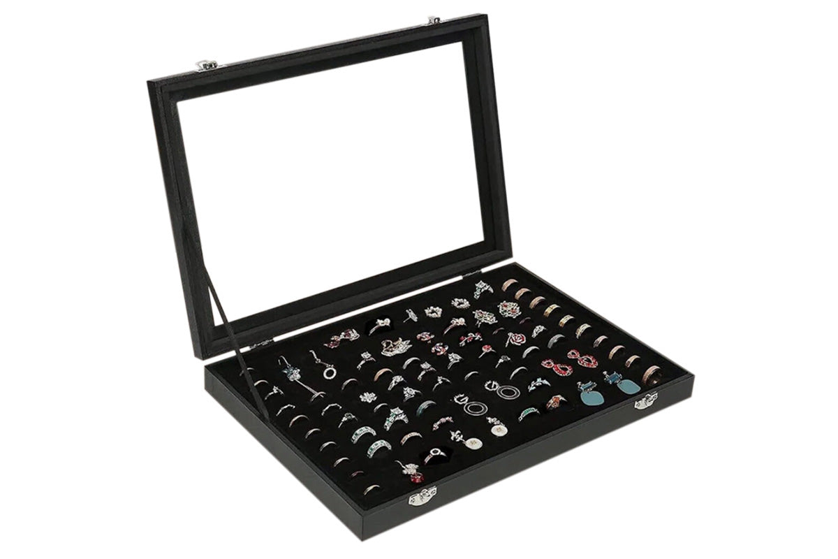 100 Slots Jewelry Ring Display Organizer Box with Glass Lid Earring Storage Tray