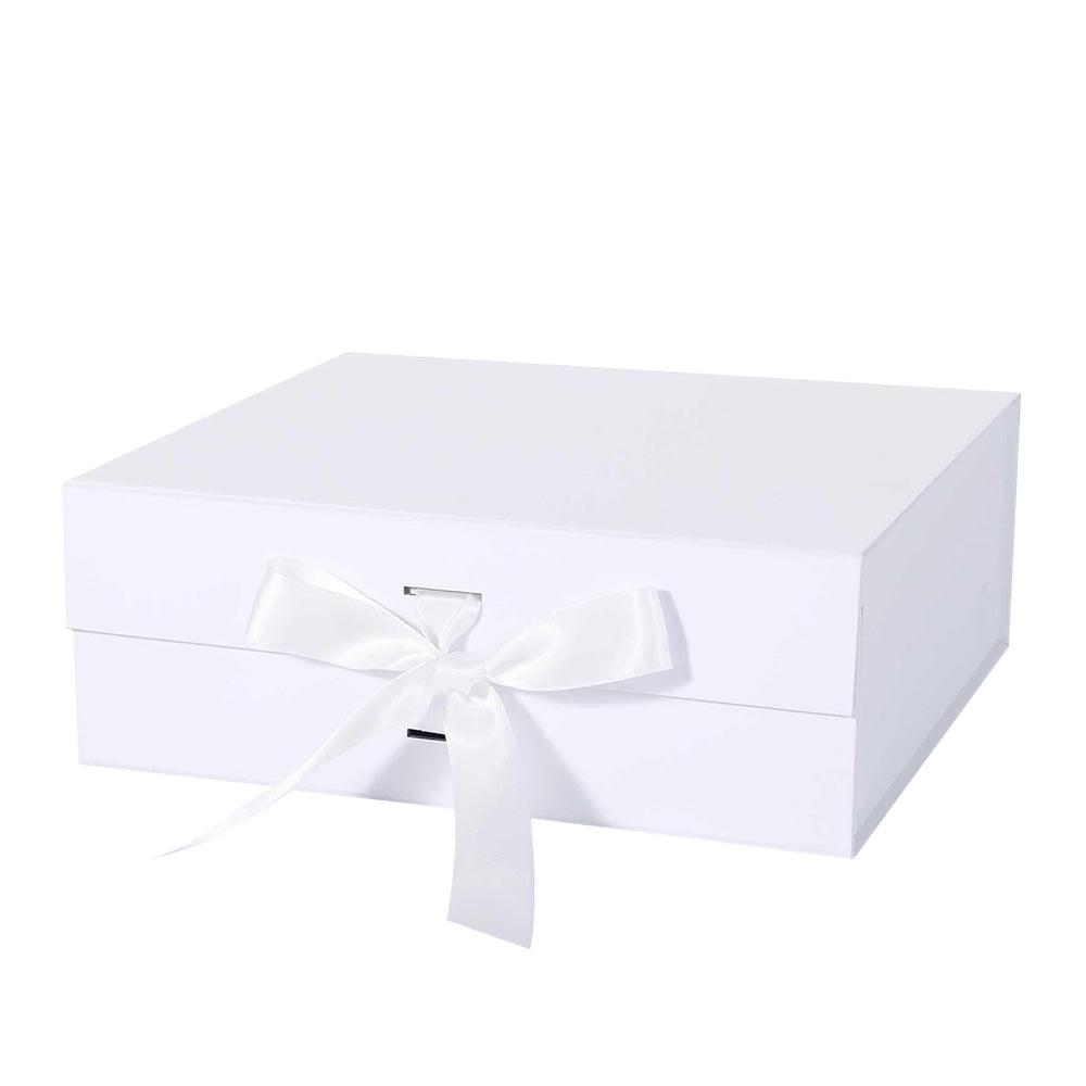 Luxury Foldable Gift Box with Easy Attached Lid and Ribbon-White