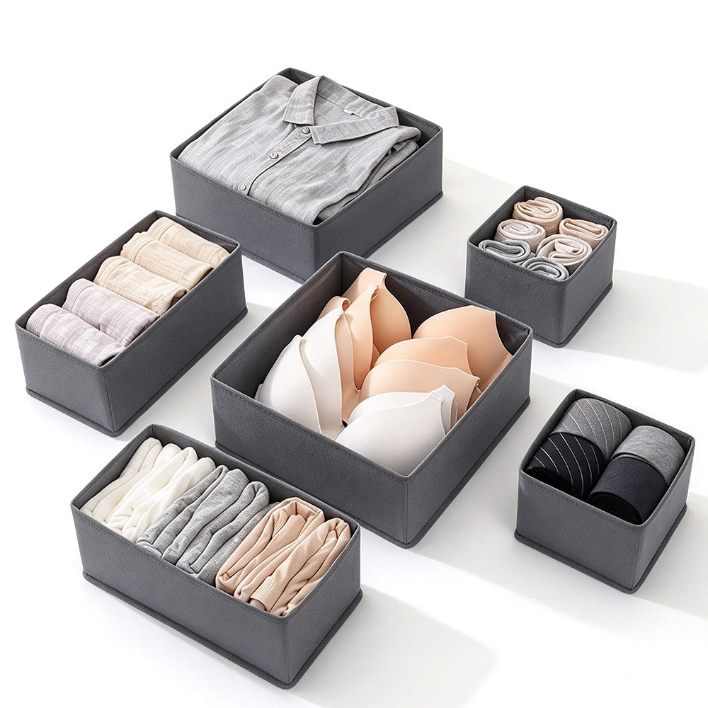 6 Piece Foldable Nonwoven Drawer Organizer Bins in 3 Sizes with Zippers