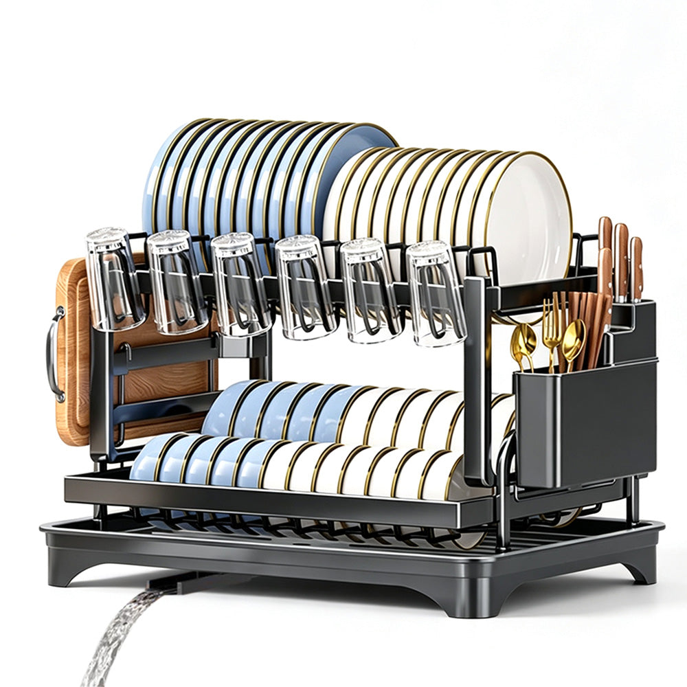 Two-Tier Carbon Steel Dish Drying Rack with Divided Storage