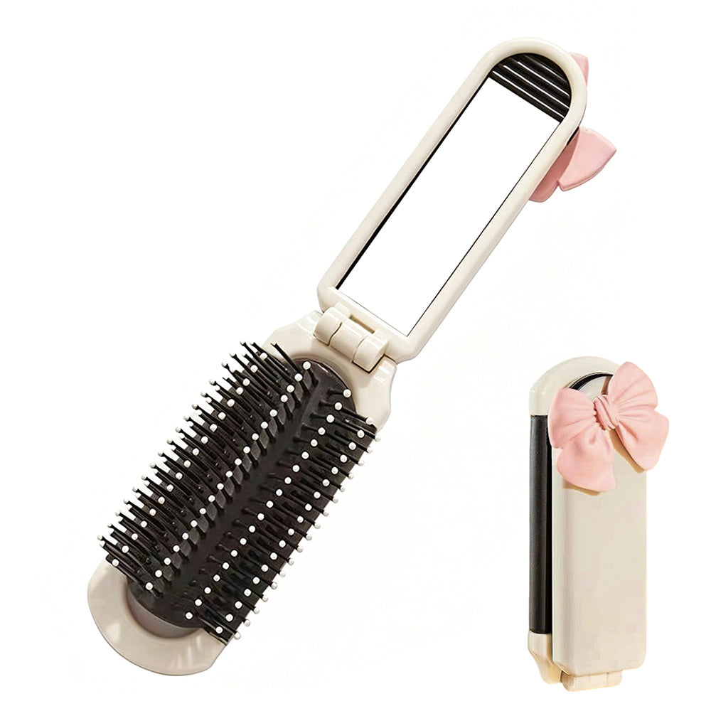 2Pcs Folding Hair Brush with Detachable Makeup Mirror Portable for Travel Student Office
