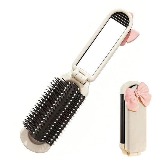 2Pcs Folding Hair Brush with Detachable Makeup Mirror Portable for Travel Student Office