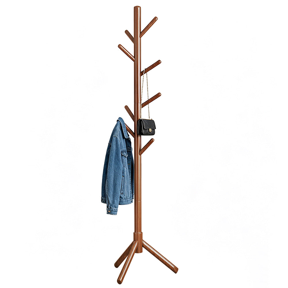 Solid Wood Freestanding Coat Rack with 8 Hooks Tripod Base for Bedroom Entryway