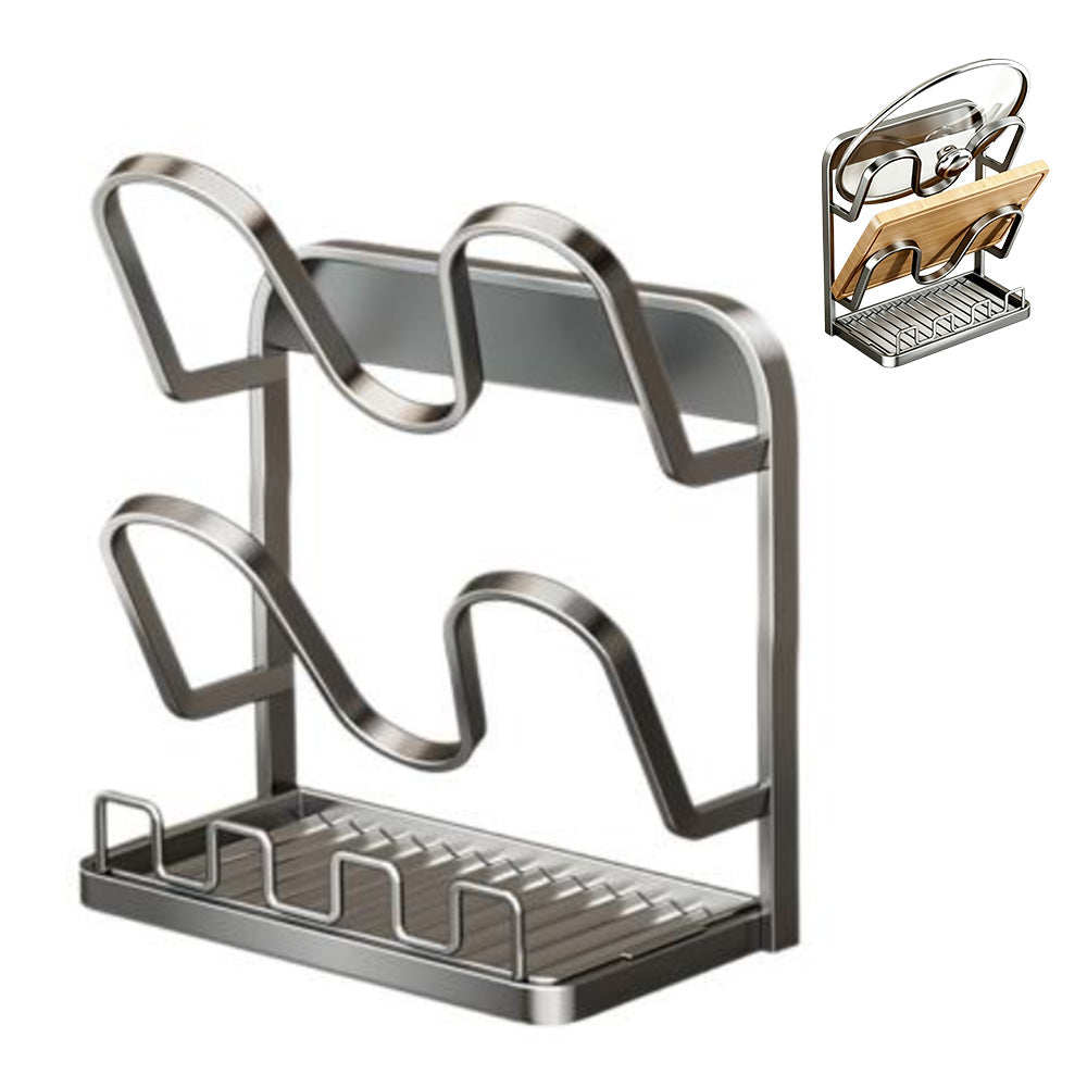 Kitchen Pot Lid Storage Rack Carbon Steel Holder with Drip Tray Organizer