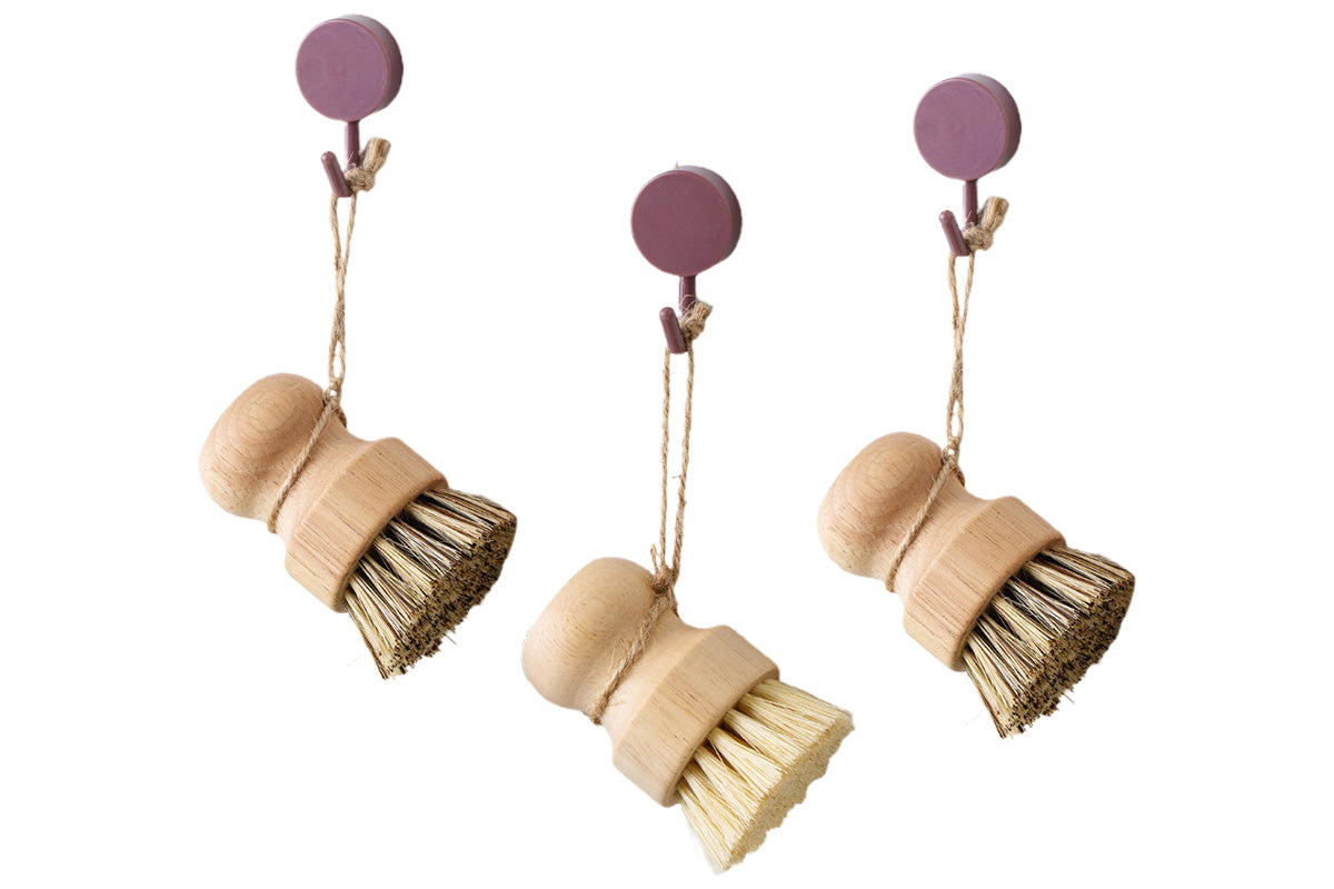 3PCS Bamboo Round Mini Dish Brush Natural Cleaning Brush Kitchen Scrubber Set