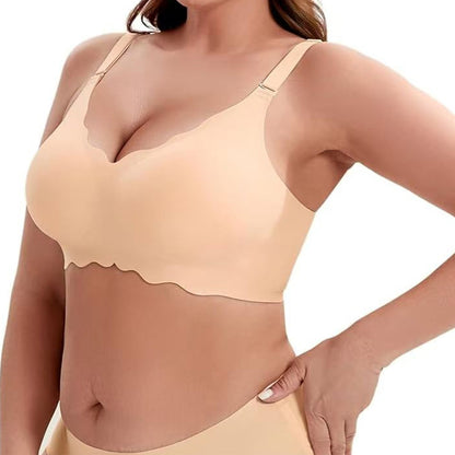 Wireless Bra Soft High Elastic V Neck Wavy Trim-Beige