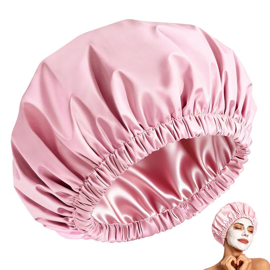 Reusable Water-Resistant Double-Layer Polyester and Satin Shower Cap for Women