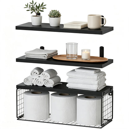 3 Piece Engineered Wood Wall Shelves with Metal Storage Basket