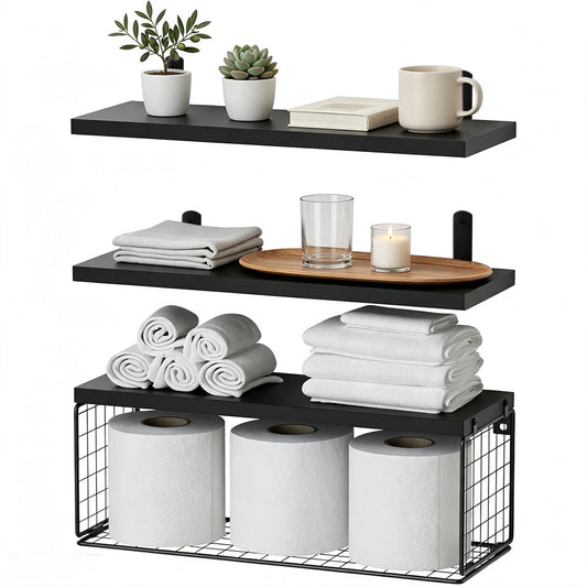 3 Piece Engineered Wood Wall Shelves with Metal Storage Basket