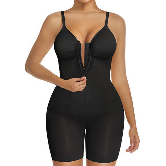Seamless Shaping Bodysuit with Front Zipper Hook and Adjustable Straps-Black