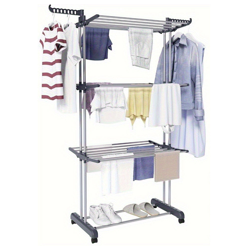 4 Tier Foldable Clothes Drying Rack with Wheels and Storage Hooks
