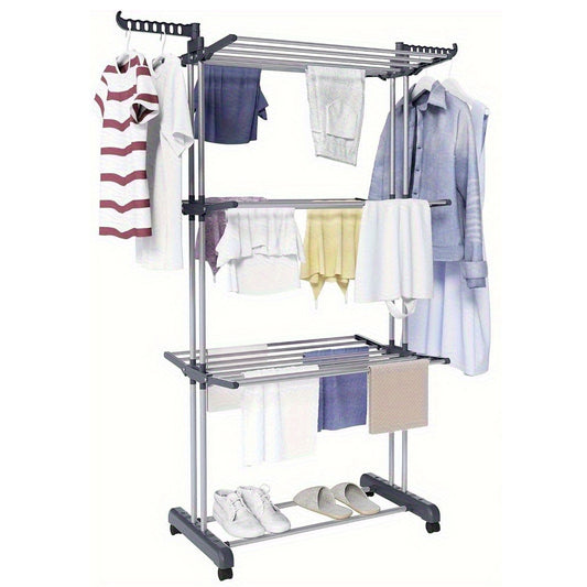 4 Tier Foldable Clothes Drying Rack with Wheels and Storage Hooks