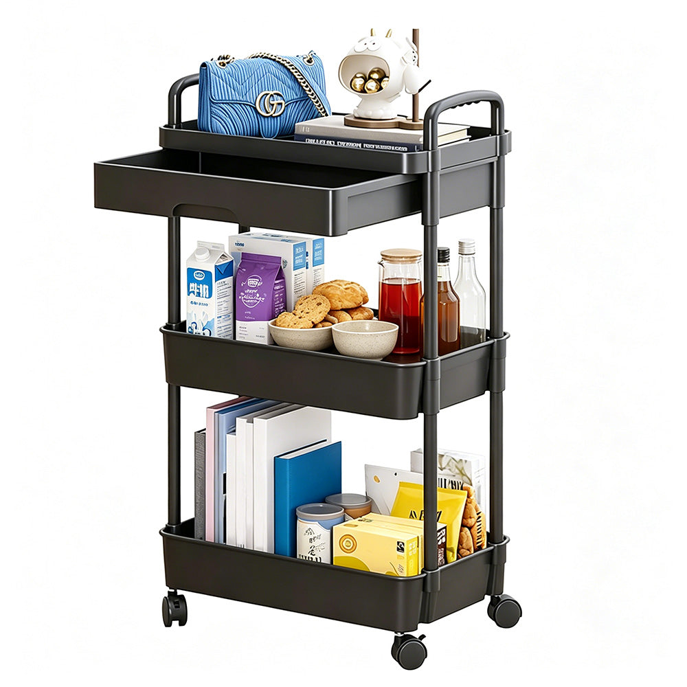 3 Tier Rolling Utility Cart with Removable Drawer for Kitchen Snack Craft