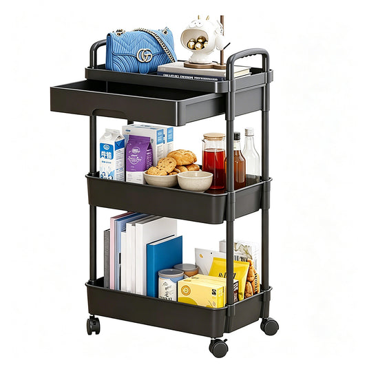 3 Tier Rolling Utility Cart with Removable Drawer for Kitchen Snack Craft