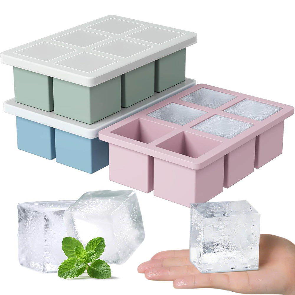 3Pcs Silicone Ice Cube Trays with Lid 6 Cavity Large Square Mold for Whisky Cocktail