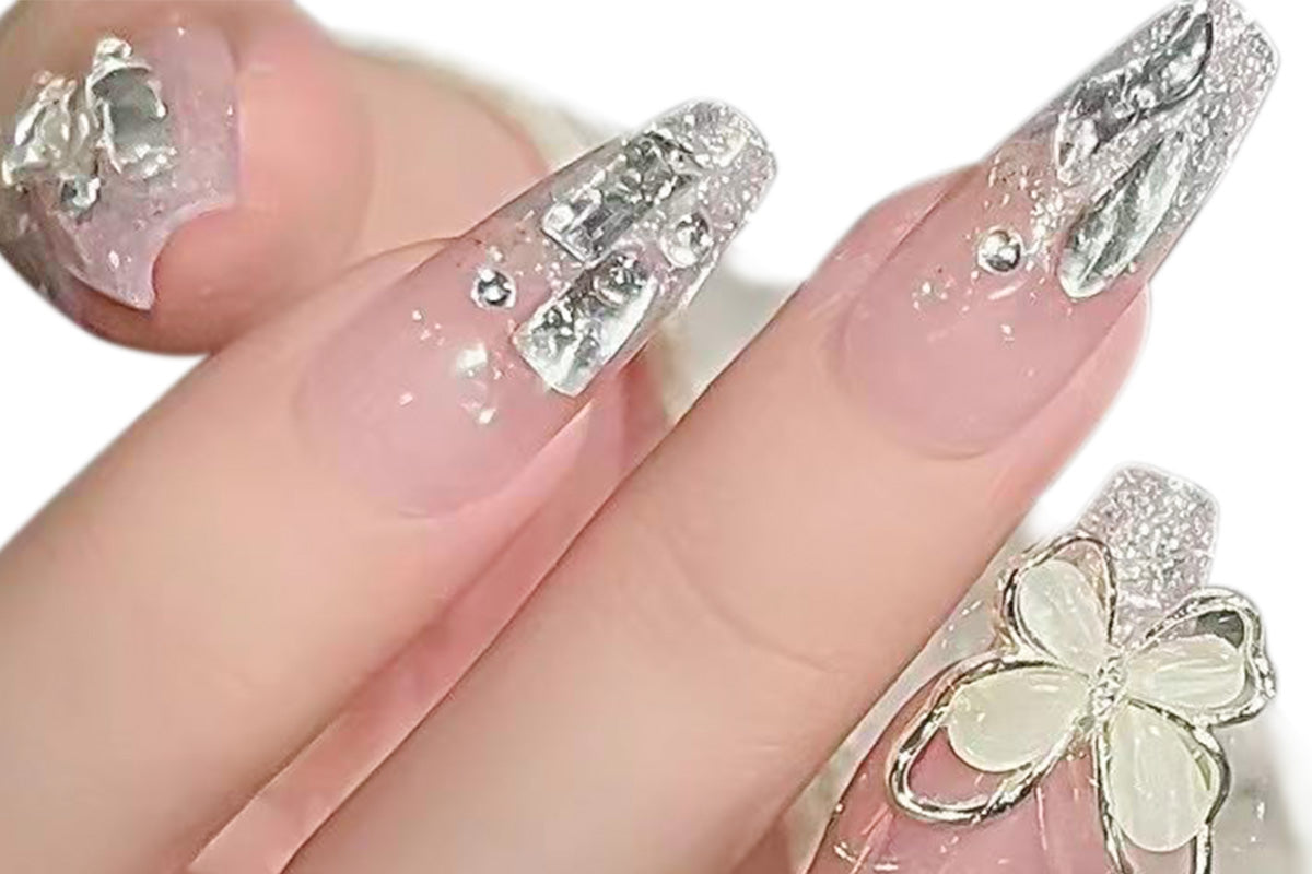22-Piece Reusable Press-On Nail Set with Floral Design for Easy Manicure