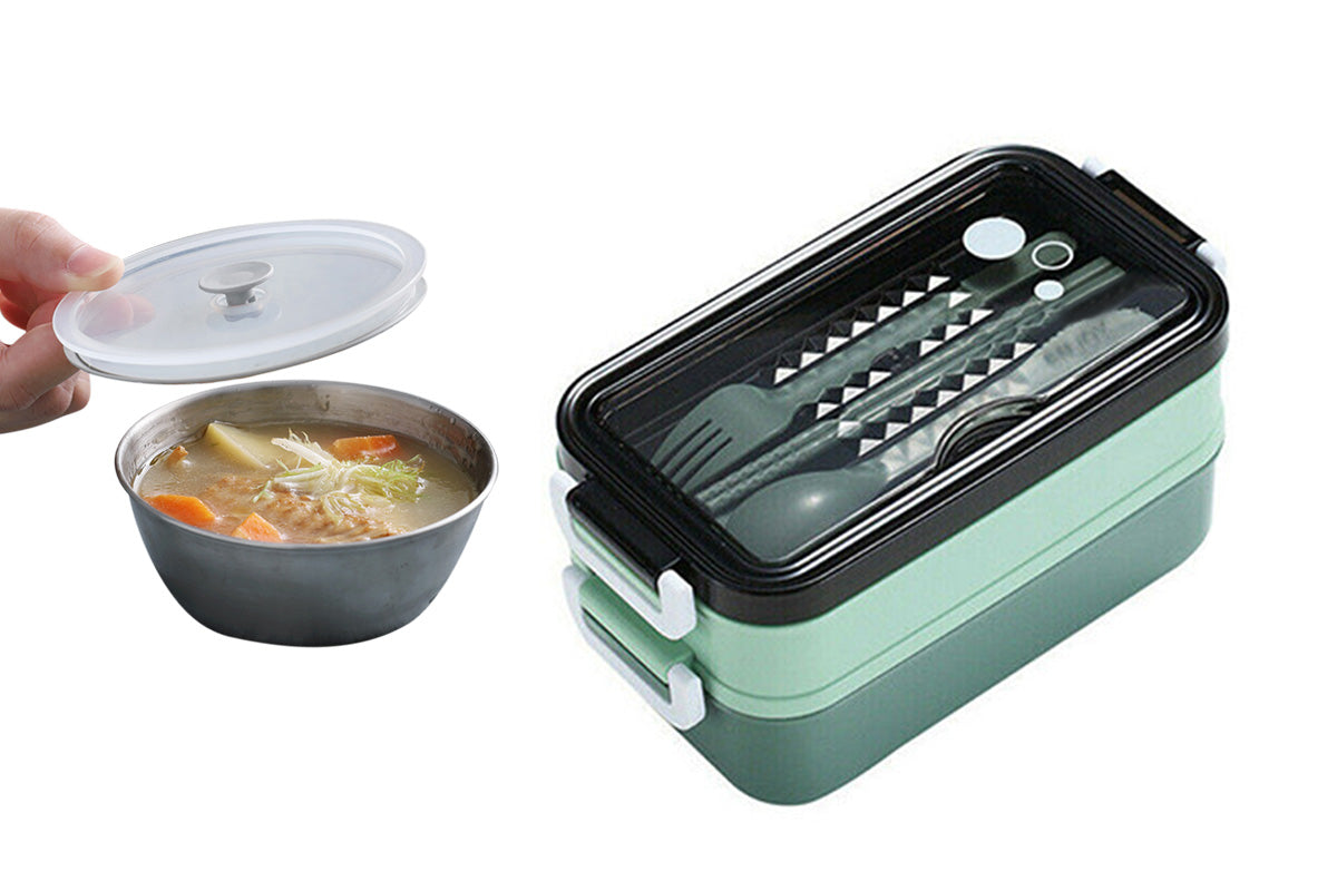 Bento Box Stackable 3-Compartment Lunch Containers With Dinnerware And Seal Cover
