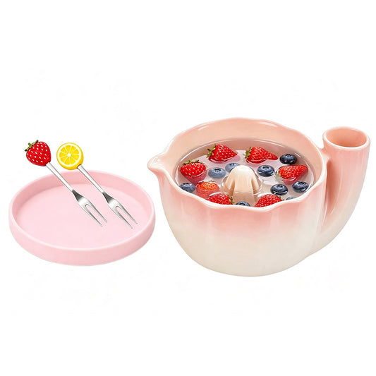 Self-Spinning Ceramic Berry Washing Bowl Set with Drain Holes and 2 Fruit Forks for Cleaning Berries