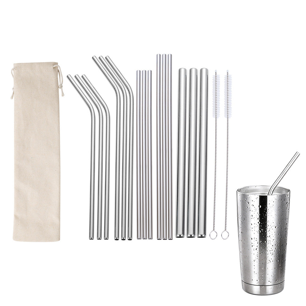 17Pcs Reusable Stainless Steel Straws Set with Cleaning Brushes and Pouch