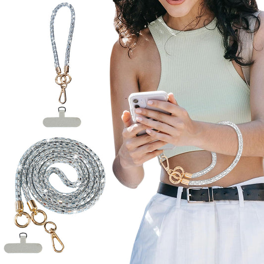 Rhinestone Crossbody Phone Lanyard with Wrist Strap and Locking Clips