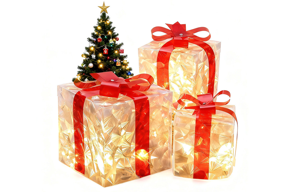 3D 3-Pack Christmas Gift Box with LED Lights Decorations