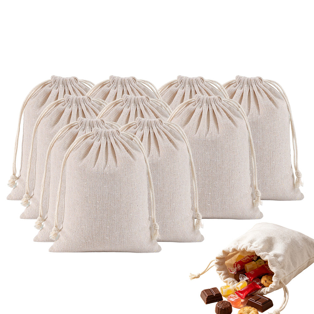 10 Pack Cotton Linen Drawstring Storage and Gift Bags in 2 Sizes