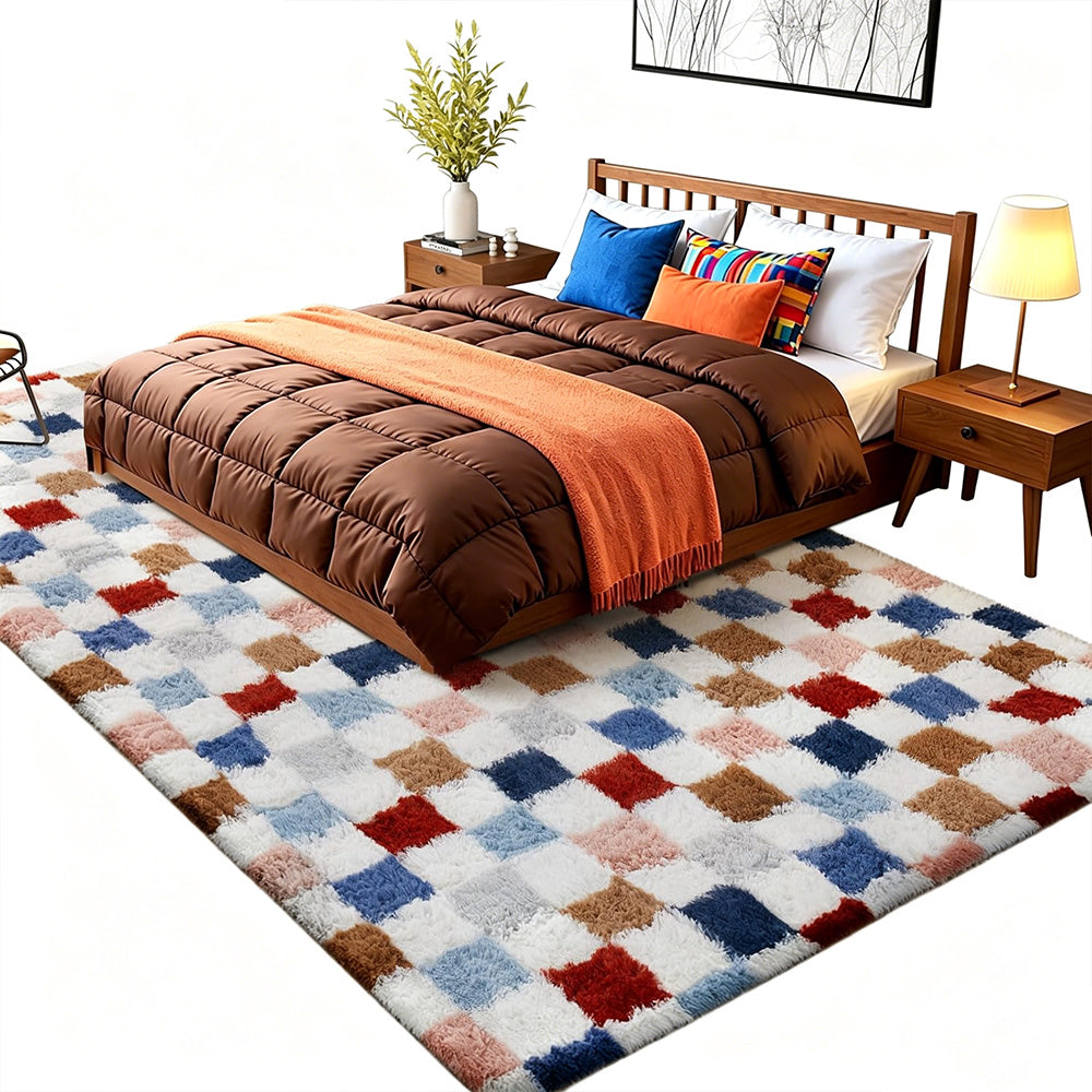 Soft Plush Shaggy Rug Checkered Thickened Non Slip Carpet for Living Room Bedroom