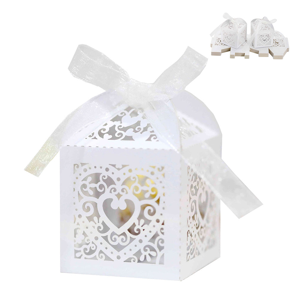 50 Pack Laser Cut Pearl Paper Candy Favor Boxes with Ribbons