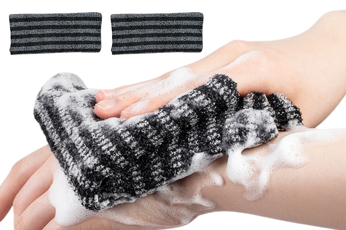 2Pcs Adult Exfoliating Washcloth Ultra-Long Back Scrubber for Shower Bath-Black