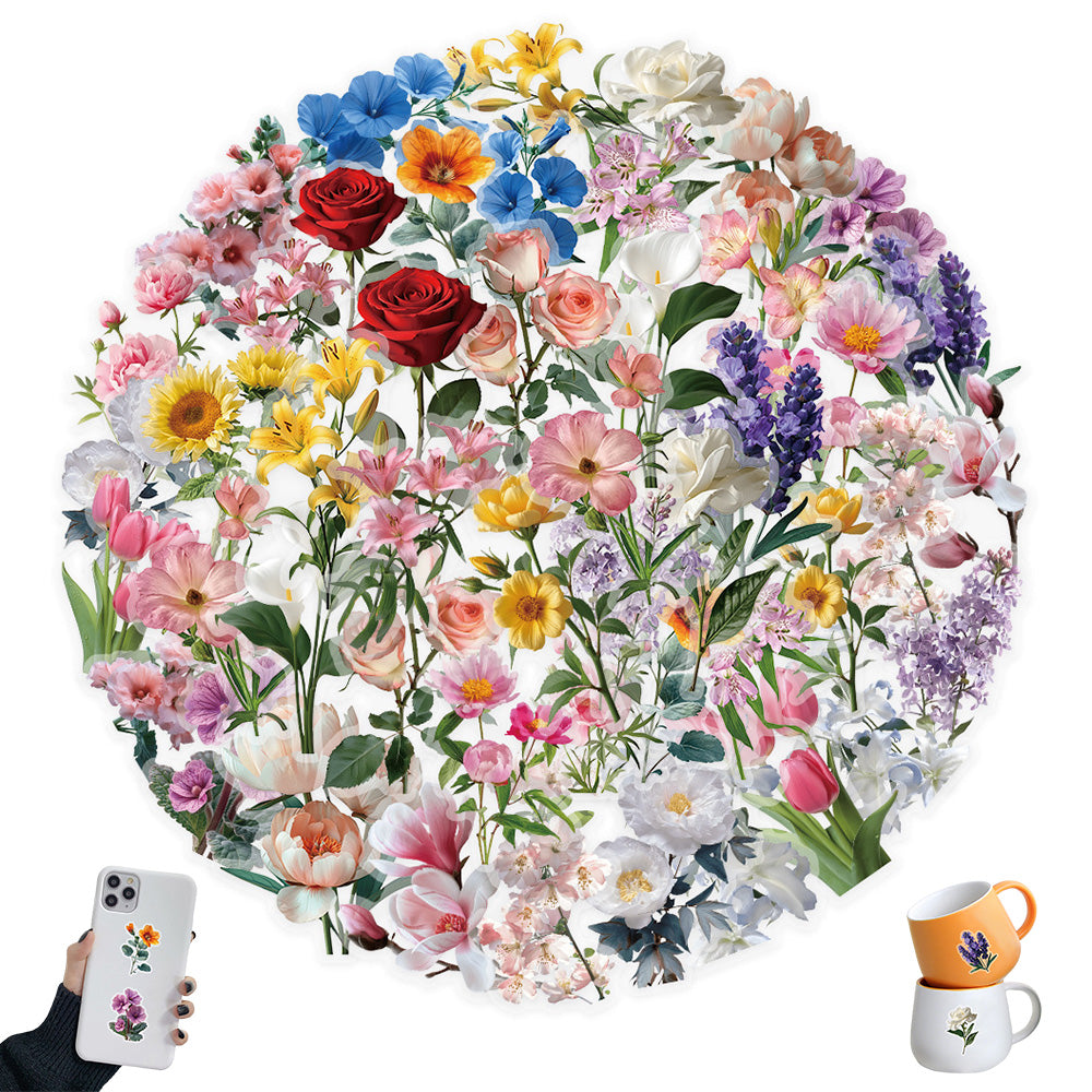 50 Pcs Floral Transparent PET Stickers DIY Decals for Phone Case Cup Laptop