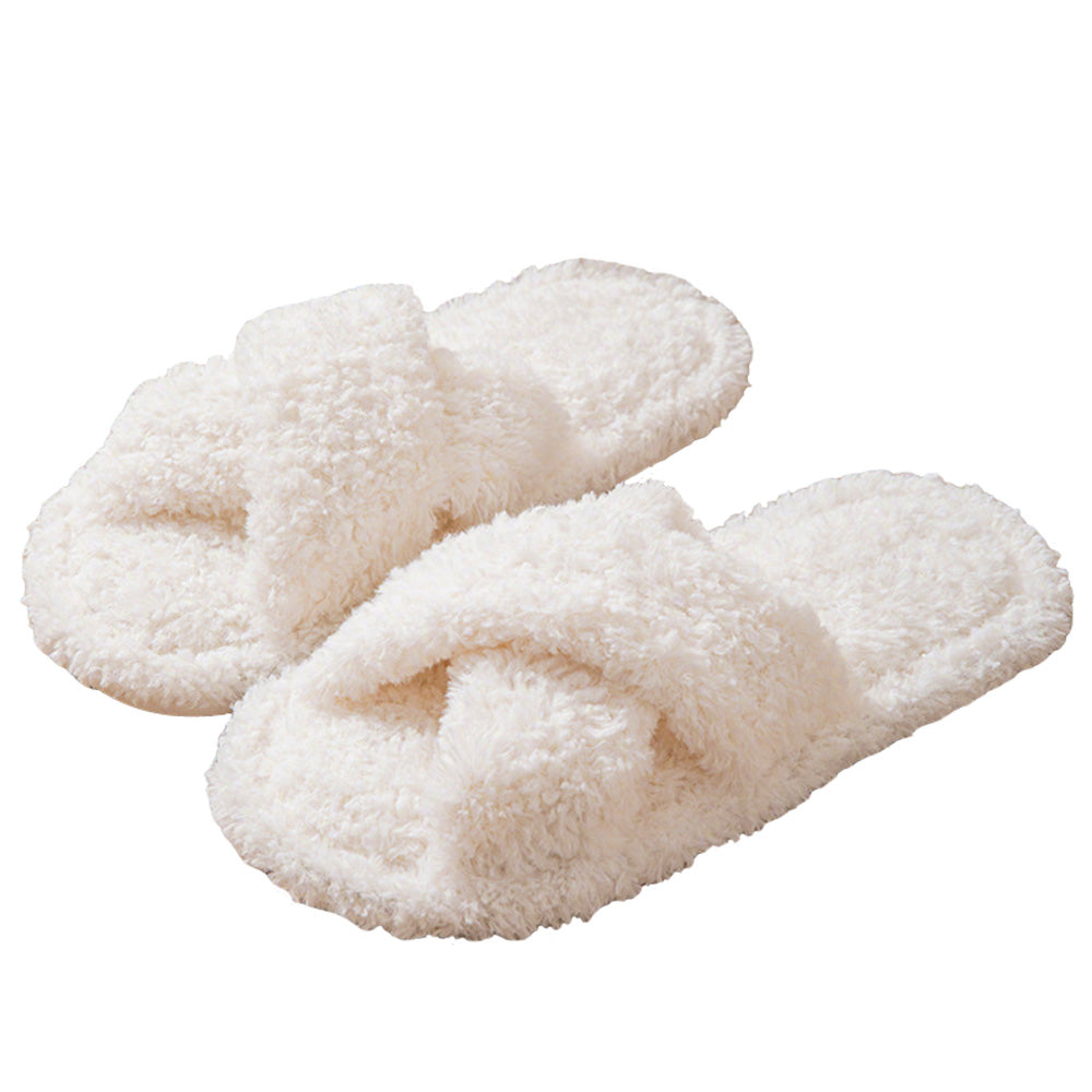 Women Fuzzy Cross Band Slippers Plush Indoor House Shoes Non Slip-White