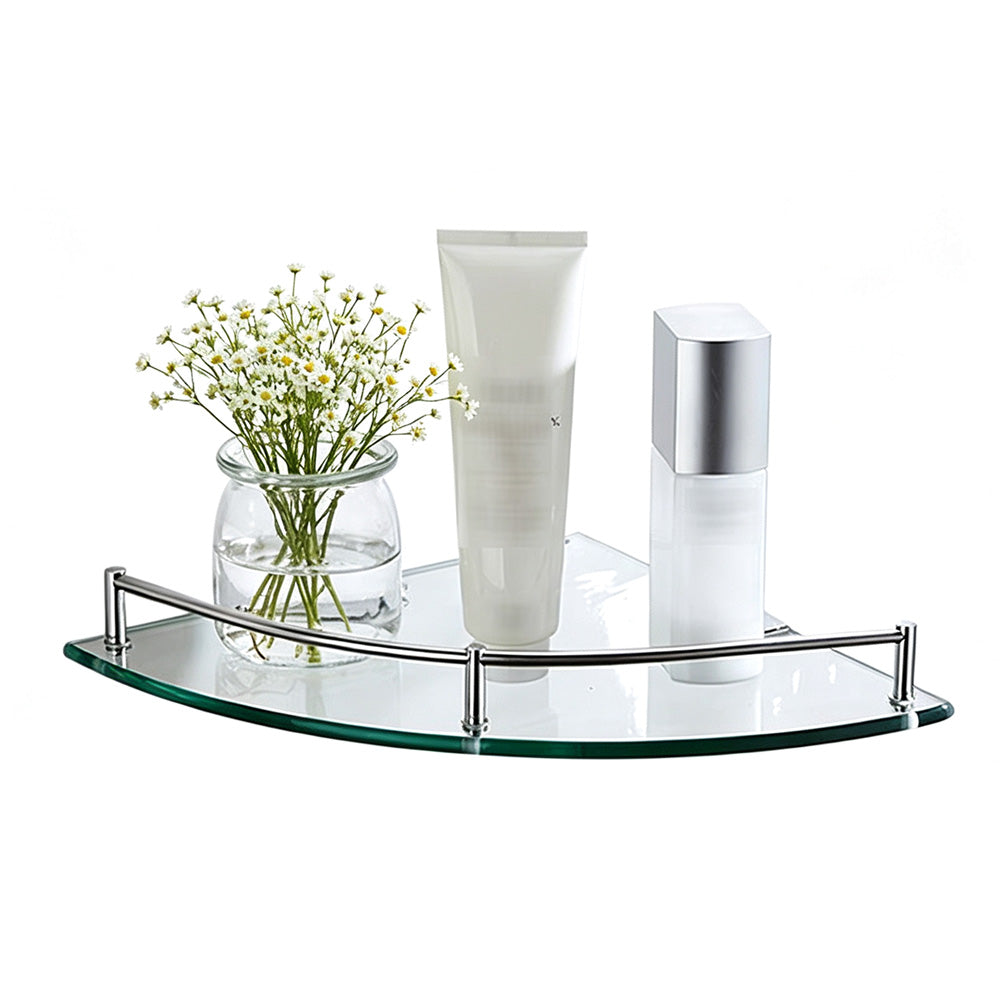 Glass Corner Bathroom Shelf with Stainless Steel Guard Rail