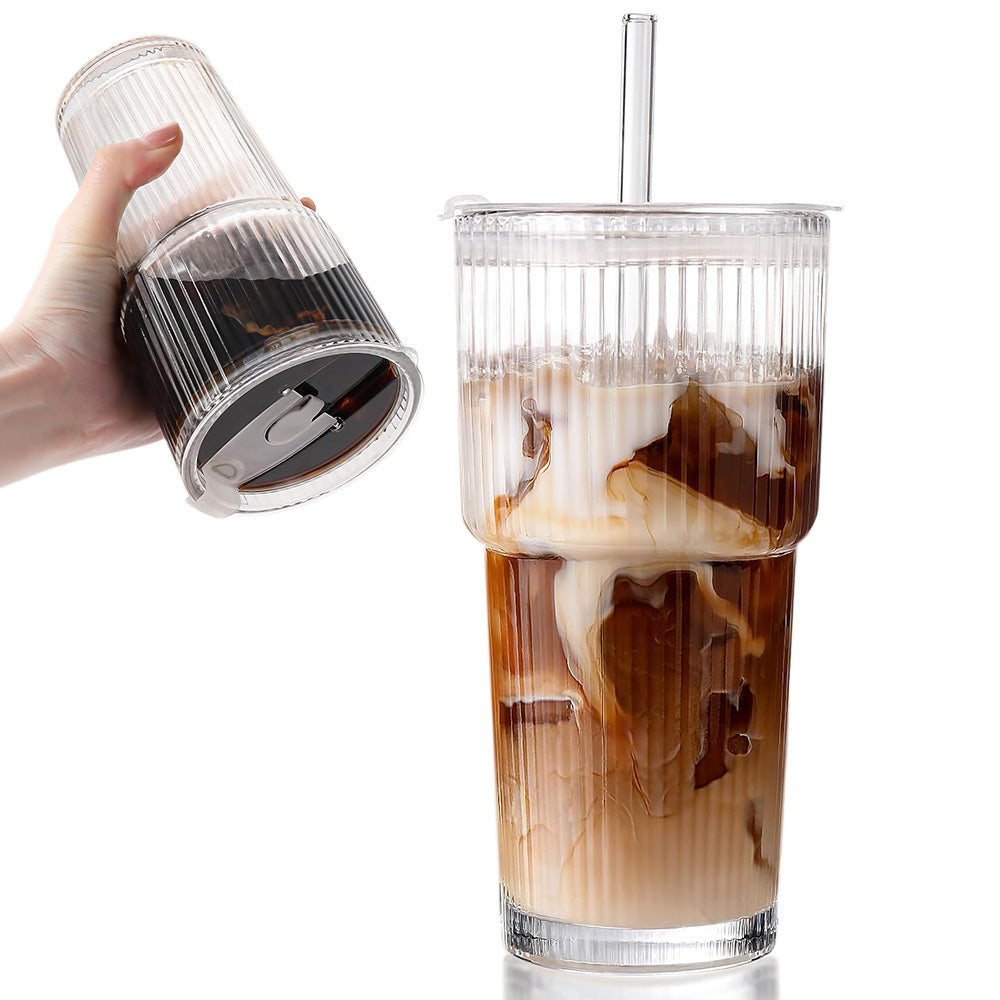 Iced Coffee Cups with Lid Ribbed Glass Tumbler with Straw Leak Proof Reusable for To Go