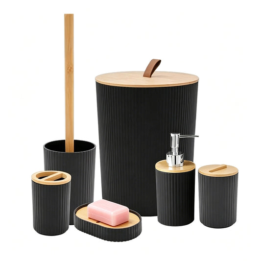 6 Pcs Bathroom Wash Set with Bamboo Lids and Plastic Body