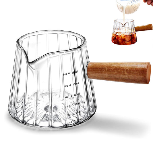 180ml Ribbed Glass Espresso Measuring Cup with Engineered Wood Handle