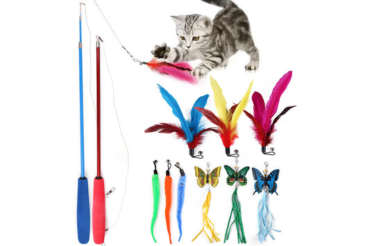 Interactive Cat Toy Set Telescopic Cat Wand with Feather Replacement Pack for Indoor Cat Play