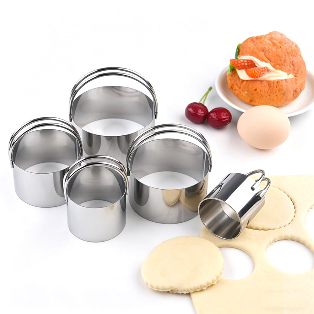 5 Pieces Stainless Steel Round Cookie Cutters with Handle Cake Baking Dough Tools