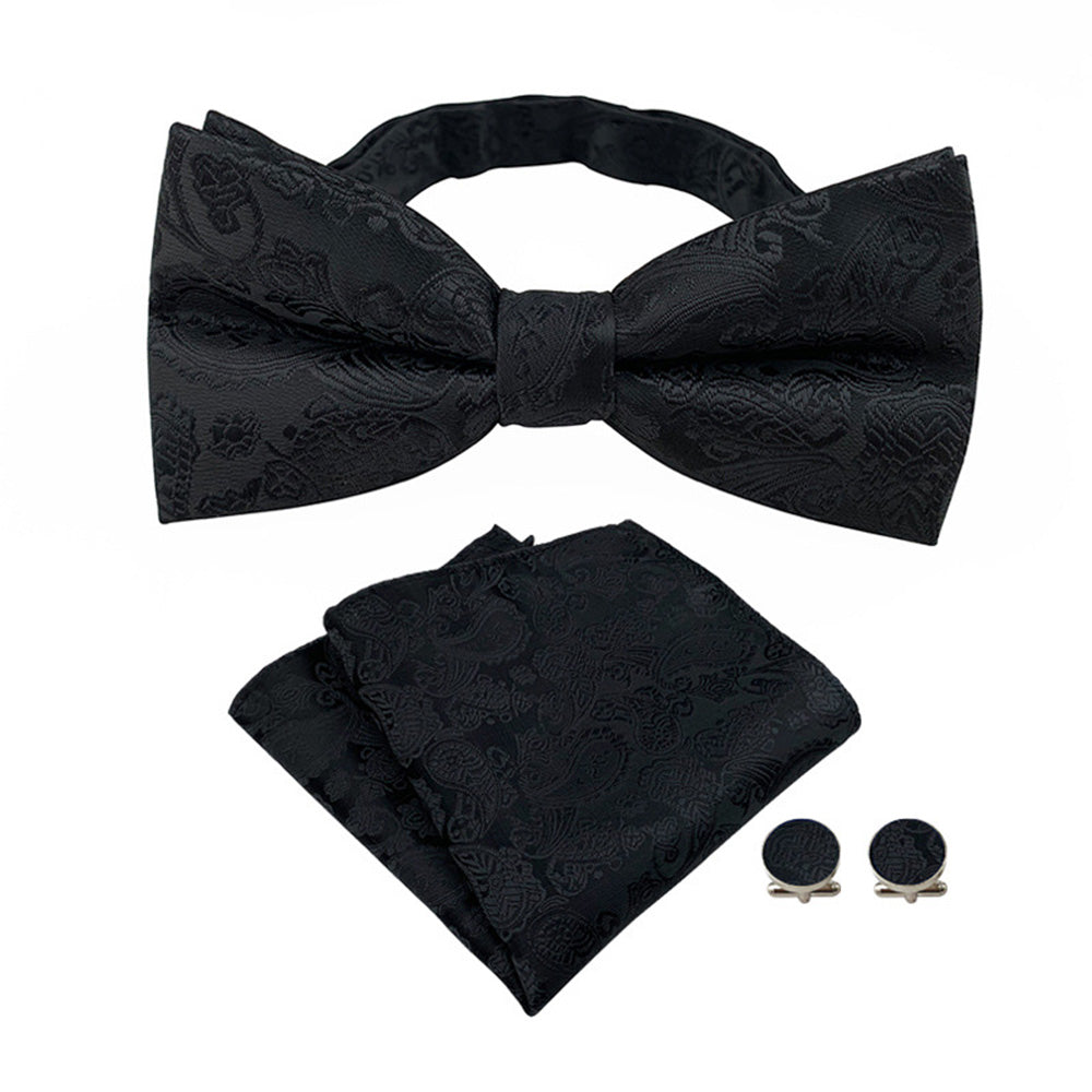 4 Piece Mens Jacquard Pre Tied Bow Tie Pocket Square and Cufflink Set