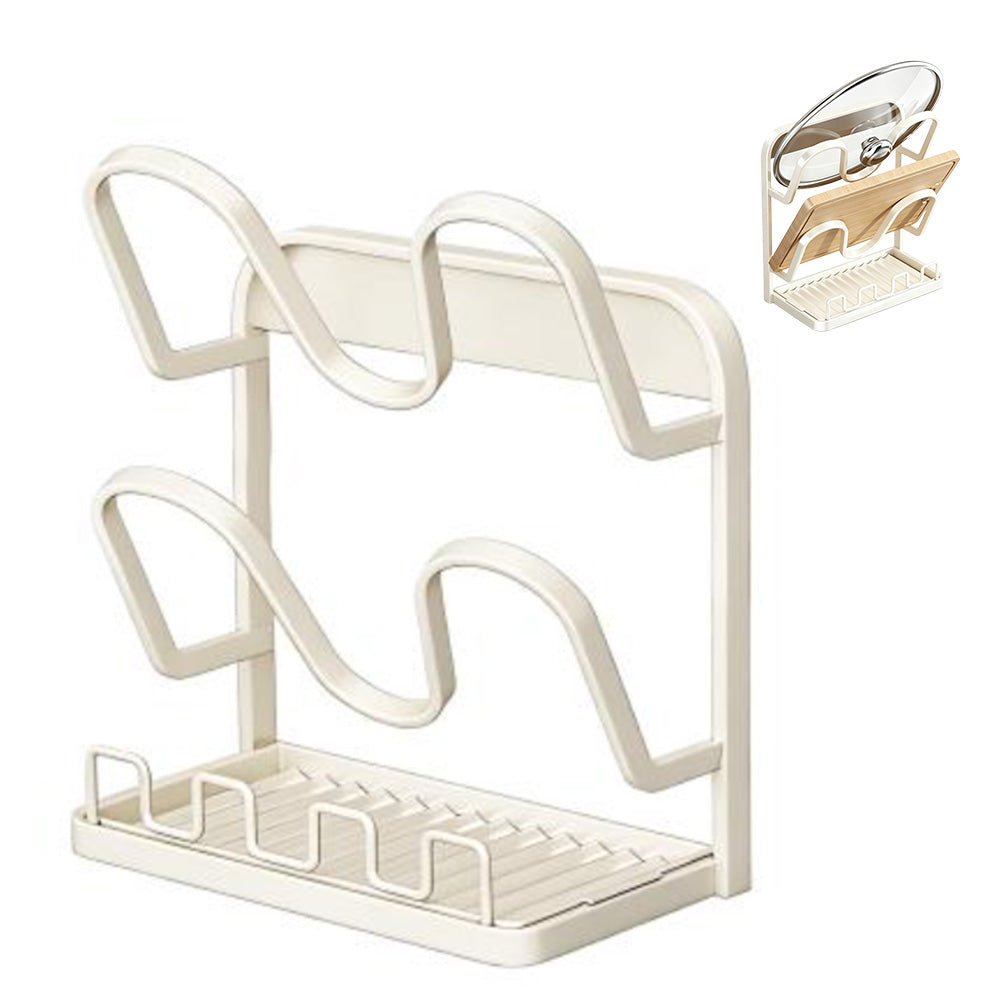Kitchen Pot Lid Storage Rack Carbon Steel Holder with Drip Tray Organizer