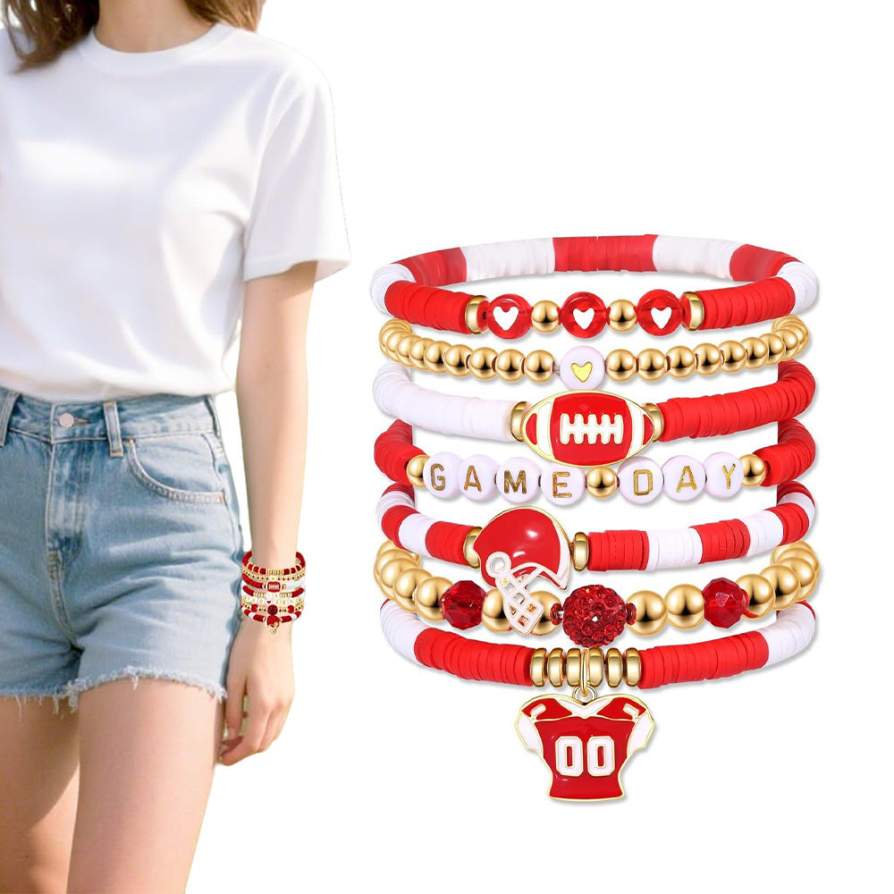 7 Piece Elastic Clay Bead Football Bracelet Stack Set