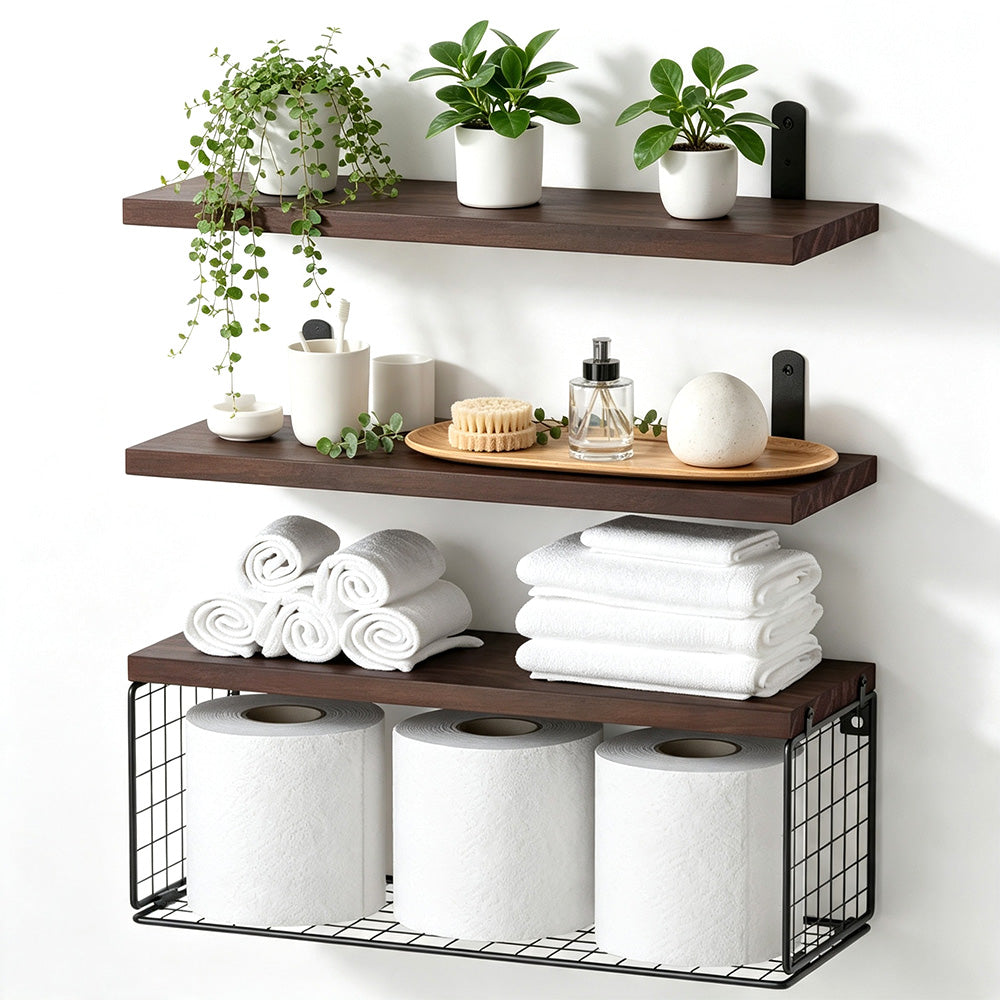 3 Piece Engineered Wood Wall Shelves with Metal Storage Basket