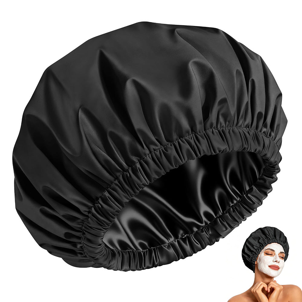 Reusable Water-Resistant Double-Layer Polyester and Satin Shower Cap for Women