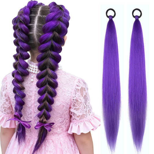 2PCS Purple Ponytail Extension With Elastic Tie Straight Sleek Wrap Around Braid