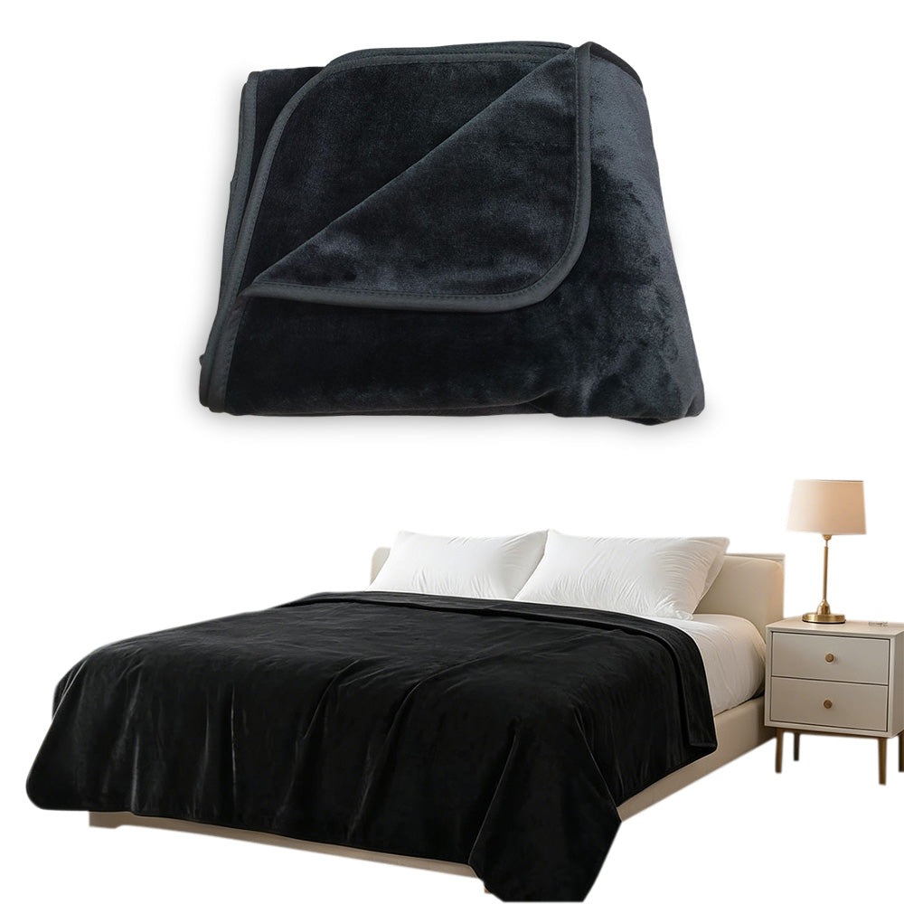 Water-Resistant Reversible Flannel Blanket Machine-Washable for Bed Sofa Camping-Black