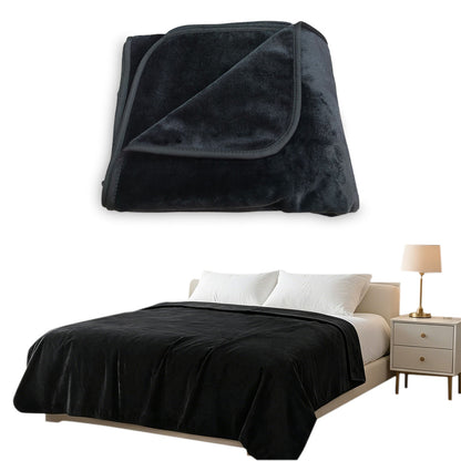 Water-Resistant Reversible Flannel Blanket Machine-Washable for Bed Sofa Camping-Black